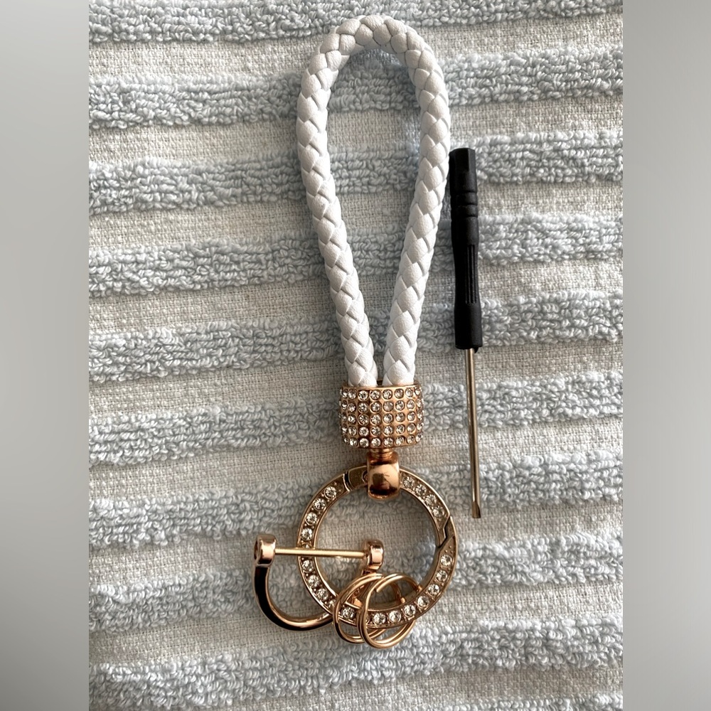2/$18 NWOT White Braided PU Keychain with Shiny Gold Tone Hardware with Bling